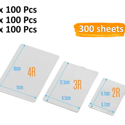 Three white rectangular size charts labeled 2R, 3R, and 4R with blue measurement lines and orange text, alongside text reading '2R x 100 Pcs', '3R x 100 Pcs', '4R x 100 Pcs', and '300 sheets' on a white background.
