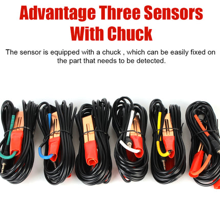 Set of black sensor cables with colored connectors on a white background, featuring text about sensors with a chuck.