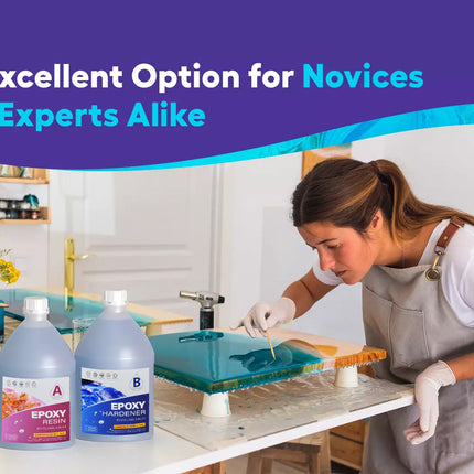 Woman working with epoxy on a table, with text 'An Excellent Option for Novices and Experts Alike' at the top.
