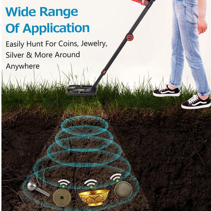Metal detector being used to find coins and jewelry in the ground, with text about its wide range of application.