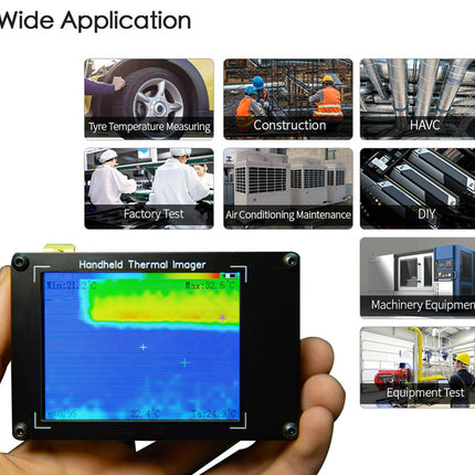 Handheld thermal imaging device with applications in various industries displayed on a white background.