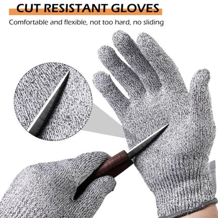 Gray knit cut-resistant gloves shown on hands, with one glove holding a small knife and a circular close-up of the textured fabric. Text at the top reads 'CUT RESISTANT GLOVES' with smaller descriptive copy.