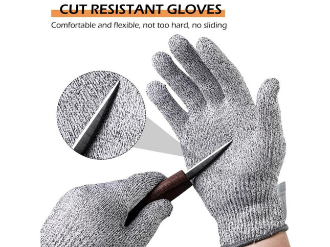 Gray knit cut-resistant gloves shown on hands, with one glove holding a small knife and a circular close-up of the textured fabric. Text at the top reads 'CUT RESISTANT GLOVES' with smaller descriptive copy.