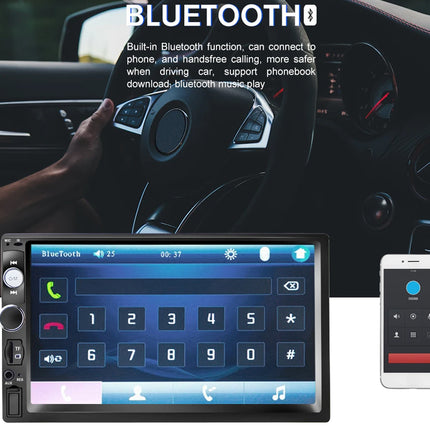 Car stereo system with Bluetooth functionality displayed on a screen, showing phone call and music controls.