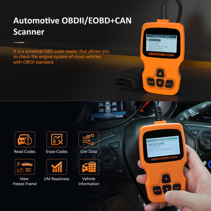 An orange automotive OBDII/EOBD+CAN scanner handheld diagnostic tool shown in a studio-style product shot and also being held by a hand inside a car. The image includes marketing text and feature icons for reading codes, erasing codes, live data, freeze frame, and vehicle information.