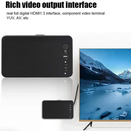 Black electronic device with video output interface on a white background