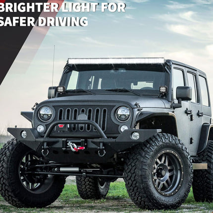 Black Jeep Wrangler on grass with 'Brighter Light for Safer Driving' text