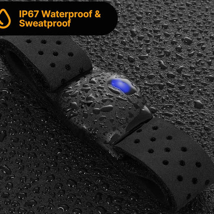 Black wristband with water droplets on a dark textured background, featuring IP67 waterproof and sweatproof text.