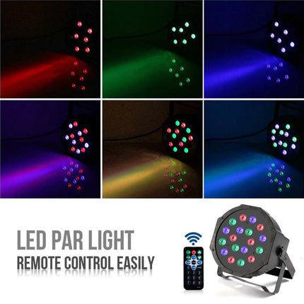 LED par light with remote control displaying various colors on a white background.