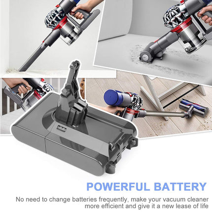 Collage of a vacuum cleaner in use with text highlighting its powerful battery feature.