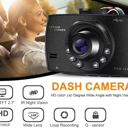 Dash camera with features highlighted on a car interior background