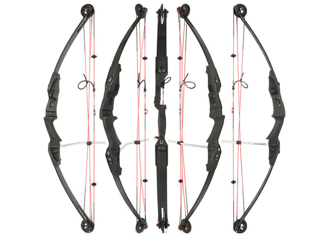 Four black bows with red strings on a white background