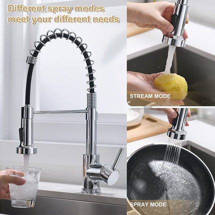 A high-arc chrome pull-down kitchen faucet shown in a sink setting with text reading 'Different spray modes. meet your different needs.