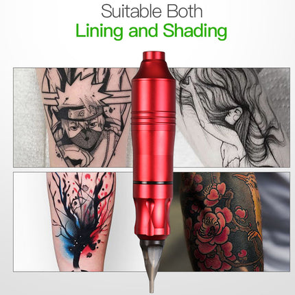 Red tattoo machine with examples of tattoos on a white background