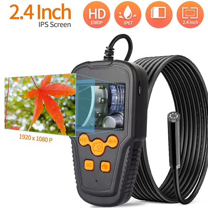 Black endoscope camera with a coiled cable, orange buttons, and a 2.4-inch IPS screen display, shown on a white background with feature icons.
