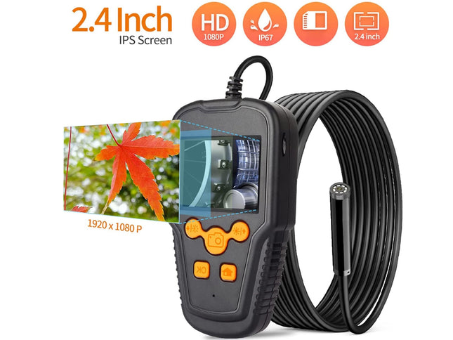 Black endoscope camera with a coiled cable, orange buttons, and a 2.4-inch IPS screen display, shown on a white background with feature icons.