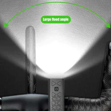 Bicycle headlight with a large flood angle indicated by a green arrow on a dark background