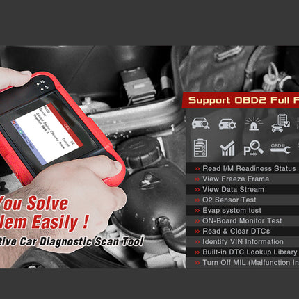 Automotive car diagnostic scan tool being used with a list of features on a black background