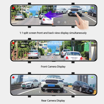 Car mirror with split-screen display showing front and back views, with a hand pointing to the screen.