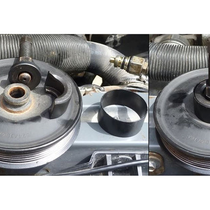 Two views of a pulley system with metal components.