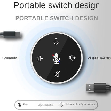 Portable switch design with icons for call/mute, volume control, and quick switches on a white background.