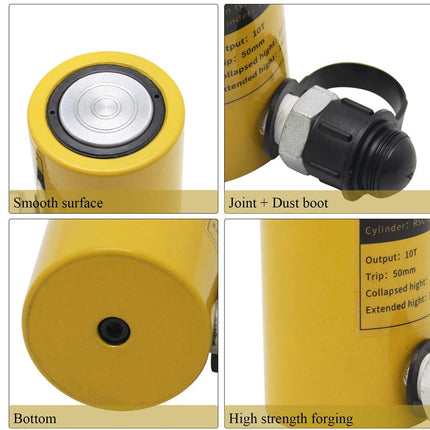 Four-panel product detail collage of a yellow industrial cylinder with a black and silver joint/dust boot, showing the smooth surface, bottom, and high strength forging.