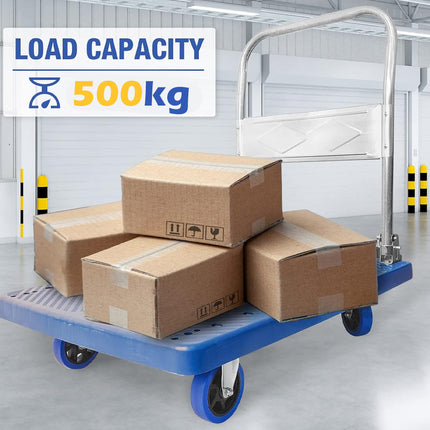 Cart with cardboard boxes and load capacity sign indicating 500kg in a warehouse setting.