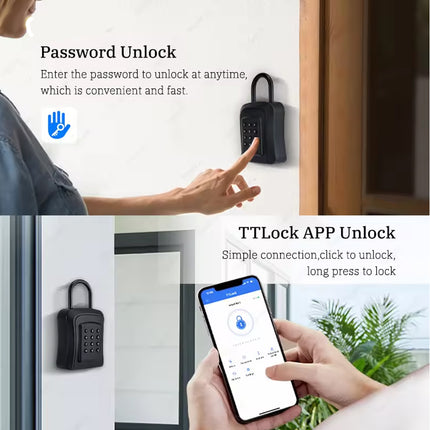 A promotional collage for a black digital keypad lock with two unlock methods: 'Password Unlock' showing a person touching the lock, and 'TTLock APP Unlock' showing a phone app interface.