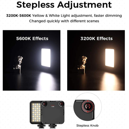 Lighting device with stepless adjustment feature showing different color temperatures.