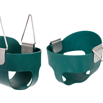 Two green baby seats with metal straps on a white background