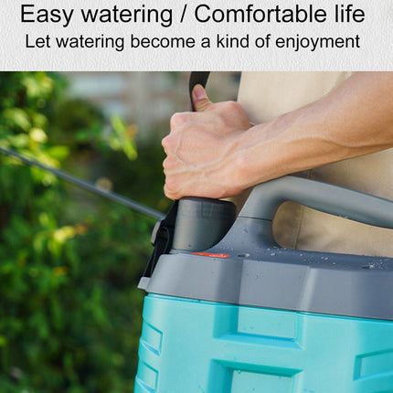 A person outdoors using a teal and gray backpack sprayer to water green plants, with promotional text at the top reading 'Easy watering / Comfortable life'.