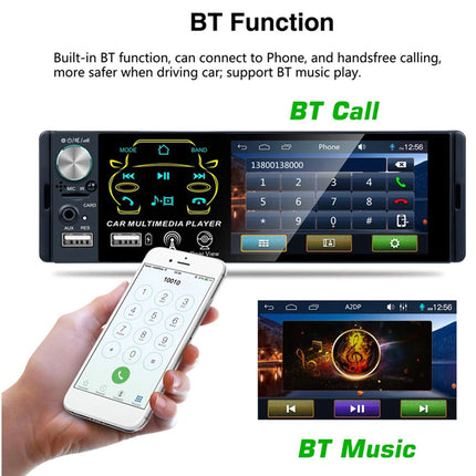 A car multimedia player display shown with text explaining BT function, including BT Call and BT Music. A hand is holding a smartphone showing a call interface, and smaller screens demonstrate music playback.