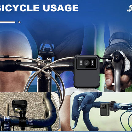Bicycle camera mounted on handlebars with usage scenarios inset.