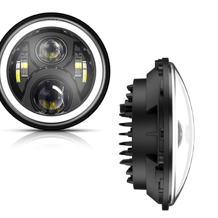Car headlight with detailed view on a white background