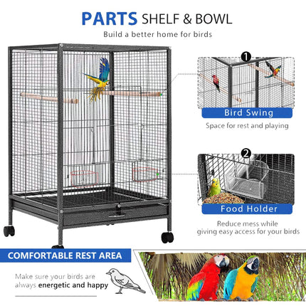Bird cage with components labeled on a white background