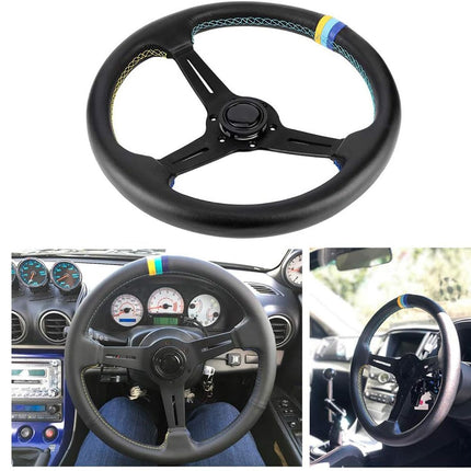 A black three-spoke steering wheel with a leather wrap, featuring blue and yellow stitching and a blue/yellow accent stripe on the top rim. The main image shows the steering wheel alone on a white background, while the bottom contains two smaller inset photos showing the steering wheel installed inside cars.