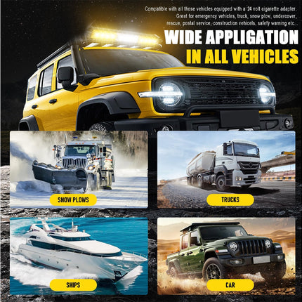 Promotional graphic for a vehicle light system with various applications including snow plows, trucks, ships, and cars.