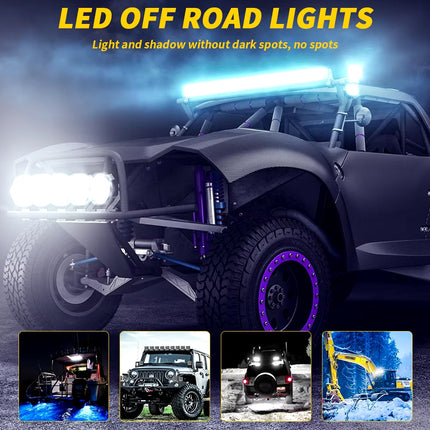 LED off-road lights on a vehicle with additional images of lights in action.