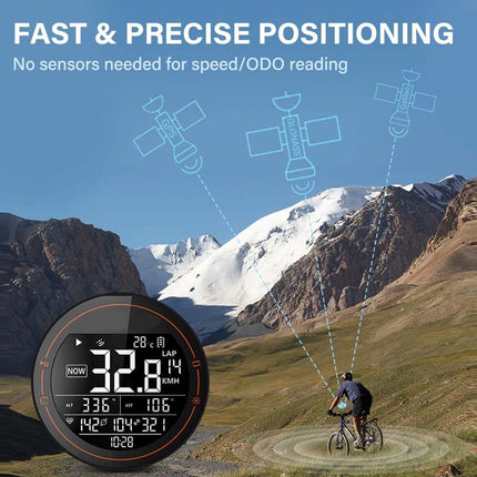 Bicycle computer with satellite imagery and mountain landscape