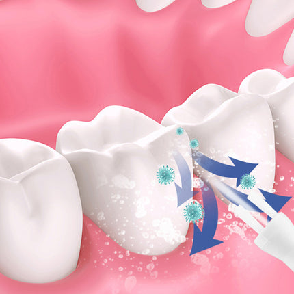 Illustration of a toothbrush cleaning teeth with a focus on dental hygiene.