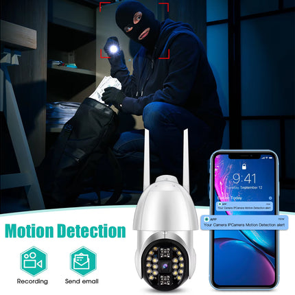 A wireless security camera product shown with a smartphone app preview and motion detection callout. The camera is white with a black front lens area and two antennas.