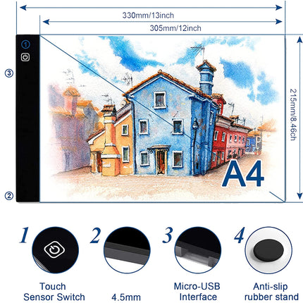 A4 size screen with dimensions and features displayed