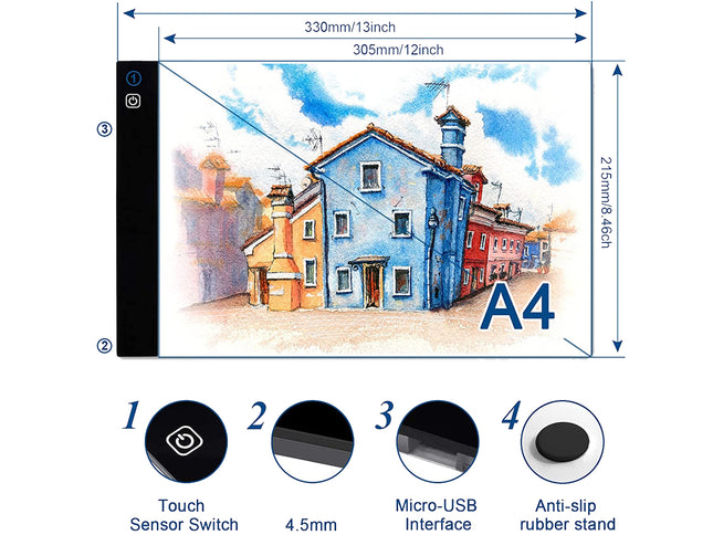 A4 size screen with dimensions and features displayed