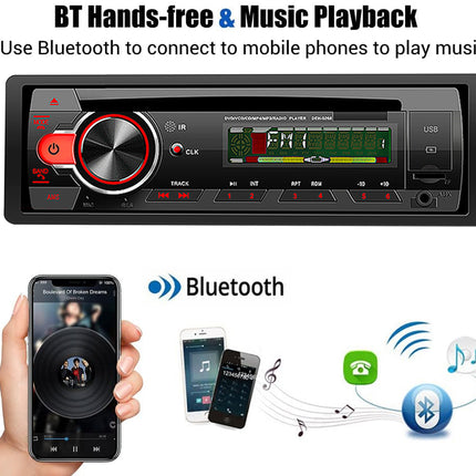Car stereo system with Bluetooth connectivity, displayed on a white background.
