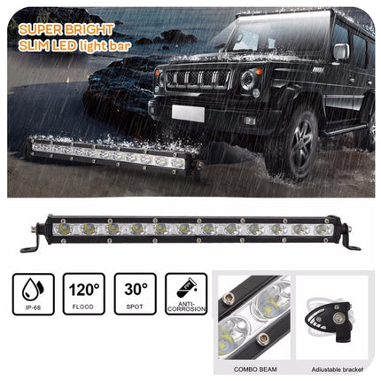 Super bright slim LED light bar with a vehicle in the background on a rainy day.