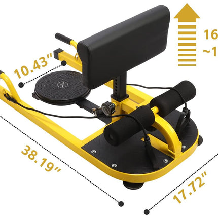 Yellow and black exercise machine with dimensions labeled on a white background