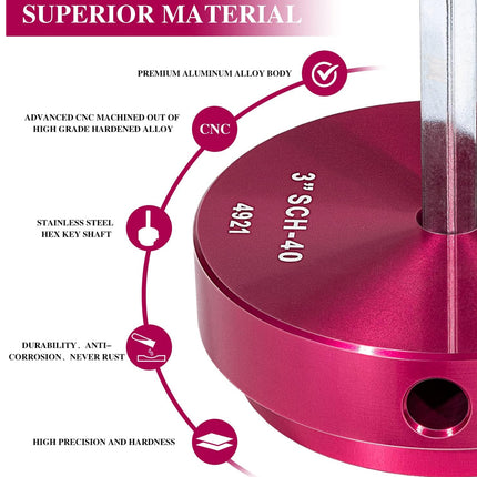 Red metal component with text highlighting material properties on a white background