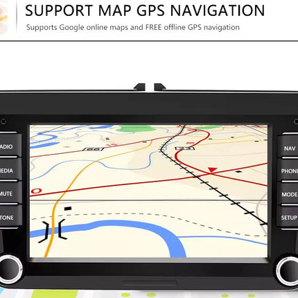 Car stereo with GPS navigation display on a white background