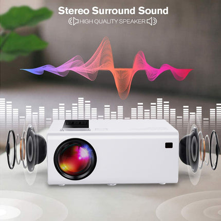 White projector with stereo surround sound and high-quality speaker text on a white background