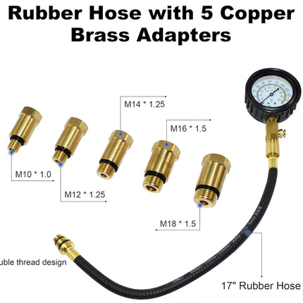 Rubber hose with five copper brass adapters and a pressure gauge on a white background